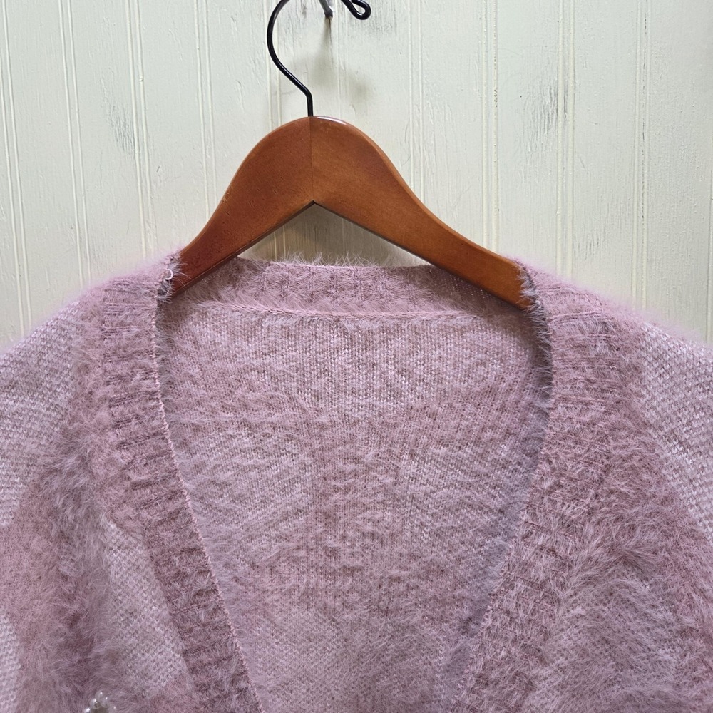 Chicwish Cardigan Sweater Womens S/M Pink Heart Pearl Button Fuzzy Chunky Knit